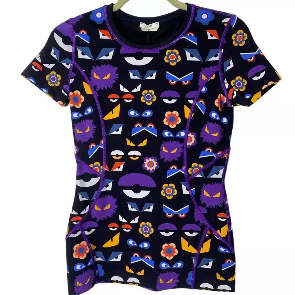 FENDI Monsters Eyes Purple Black Activewear Shirt Top 40 2 4 Small NWT RARE
